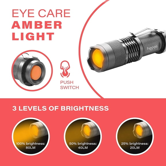 XZHANH-Amber LED Flashlight 2-Pack, 1600K Blue Light Blocking, Warm Sleep Light for Eye Care, Circadian Rhythm, Nursery, Adjustable Brightness, AA Battery Included