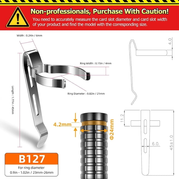 XZHANH-B127 Flashlight Clip, Stainless Steel, Adjustable, LED, Suitable for Flashlights 23-26mm & Slot Width 4-4.4mm