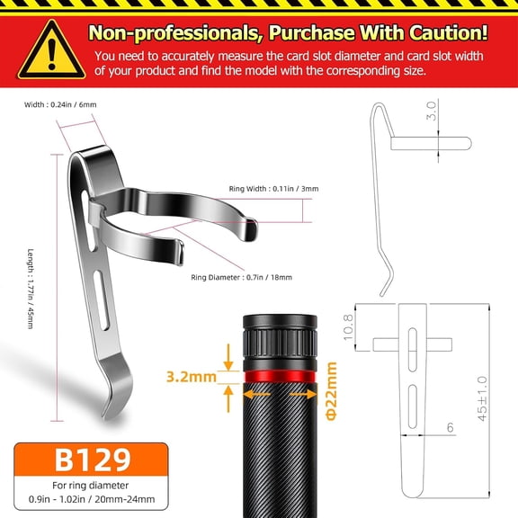 XZHANH-B129 Flashlight Clip - Suitable for Flashlights 20-23mm, 3-3.4mm Slot Width - Stainless Steel Pen, Hat, Pocket, Bag Clip