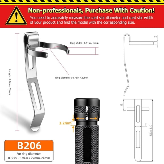 XZHANH-B206 Flashlight Clip for 22-24mm Diameter, 3-3.4mm Slot Width - Stainless Steel Pen, Hat, Pocket or Bag Clip