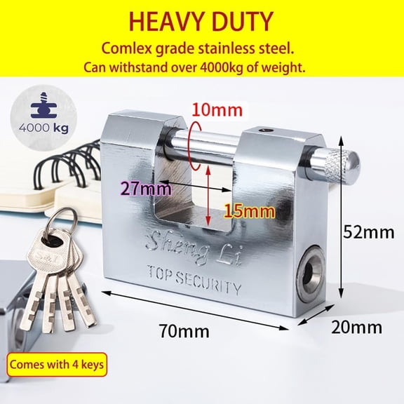 XZHANH-Big Heavy Duty Stainless Steel Padlock with Key,high Security Shipping Container Padlocks,Bolt Cutter Proof Lock,10mm Thick Large Padlock for Outdoor,keyed Unbreakable Anti Theft Chain Lock (