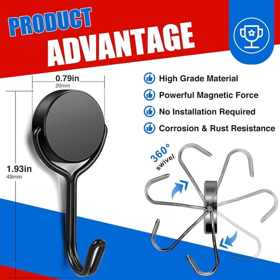 XZHANH-Black Magnetic Hooks, 40LBS Heavy Duty Swivel Swing Magnet Hooks for Hanging, Strong Magnetic Hooks for Cruise Cabins, Neodymium Magnets with Hooks Small Magnetic Hanger for Fridge,