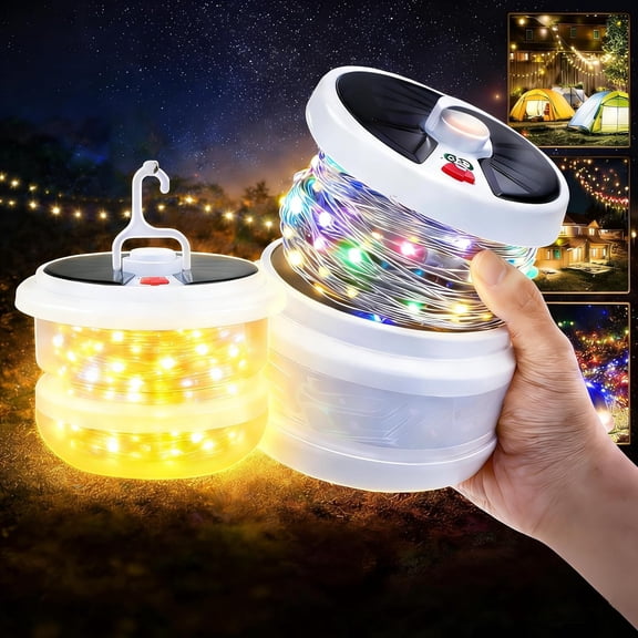 XZHANH-Camping String Lights Outdoor Solar, 3 in 1 Waterproof Camp Light Portable RGB String Light with 7 Modes (26.2ft), Solar/USB Rechargeable Tent Lantern for Camping, Hiking, Yard, RV, Festival
