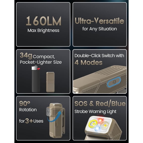 XZHANH-Clip On Flashlight, Mini EDC Flashlight for Night Walking - 90 Rotating Head, Magnetic Base, USB-C Rechargeable Pocket Light with Spotlight, Floodlight, Red SOS & Red/Blue Strobe (Khaki)