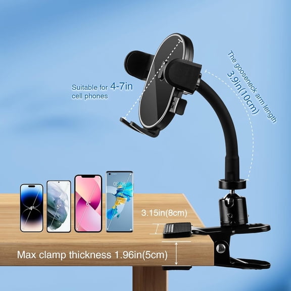 XZHANH-Clip Phone Holder with 360 Gooseneck Arm & Auto-Locking Clamp,Short/Medium/Long Arm Options for Desk, Mic Stand, Table,Treadmill Fits 4-7" Smartphones(Short-3.9 inch Arm)