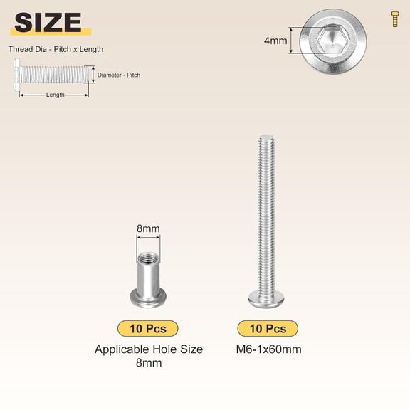 XZHANH-Crib Screws Replacement Set(M6-1x60mm) 20Pcs, Stainless Steel Connector Bolts M6 Screw Barrel Nuts Binding Screws, for Chair Cabinet Bed, Silver