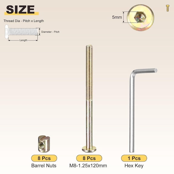 XZHANH-Crib Screws Replacement Set(M8-1.25x120mm) 16Pcs, Connector Bolt M8 Screw Barrel Nuts Binding Screws, for Chair Cabinet Bed, Yellow
