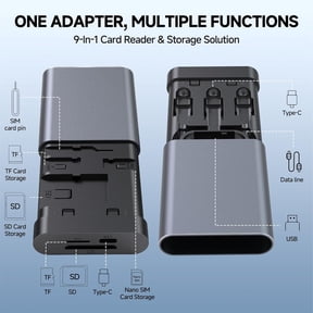 XZHANH-Data Hub, Travel Rated Multi-Card Reader, and 65W 3-in-1 Charging Cable, Nano-Sim-TF-SD, Card Storage, Lighting, USB-C, USB-A Connectors, iOS/Win/Mac/Android, Compact Aluminum Case, No Loose