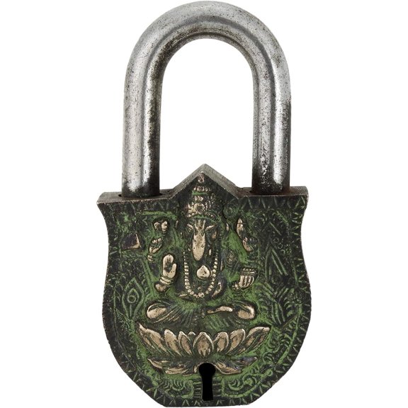 XZHANH-Decorative Ganesh Engraved Solid Brass Shutter Padlock with Natural Patina in a Beautifully Decorated Padlock Ornamental Antique Handmade Lock for Safe.