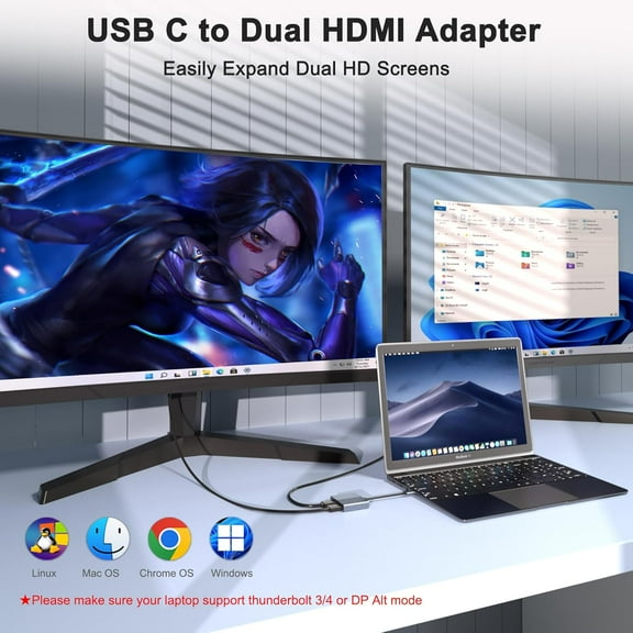 XZHANH-Docking Station Dual Monitor, USB C Docking Station, HDMI Splitter Extended Display, 4K Dual HDMI Adapter for 2 Monitors, Dual Monitor Adapter, USB Type-C Hub for Dell/HP/Lenovo/Mac Laptops