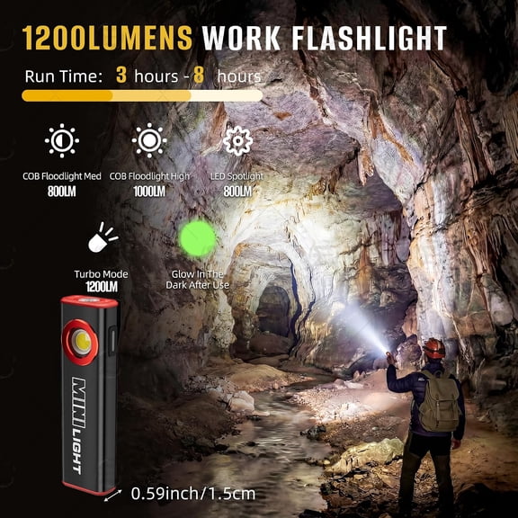 XZHANH-Flashlight, 1200 Lumens Mini Magnetic Flat EDC Flashlight with Clip, 1200mAh Rechargeable Portable Ultra-Light Bright Waterproof Pocket Light for Working, Camping, Repairing, Emergencies
