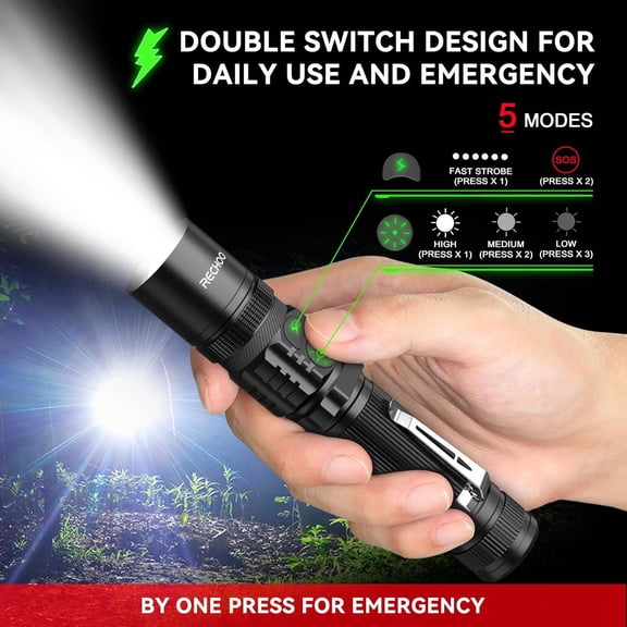 XZHANH-Flashlight Rechargeable High Lumens, Dual Switch Rechargeable LED Flashlight 1 Pack, Adjustable Foucs 5 Lighting Modes Flashlights for Home, Camping, Gifts for Men