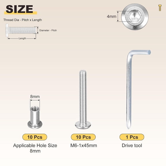 XZHANH-Furniture Crib Screws Replacement Set with Wrench(M6-1x45mm) 20Pcs, Connector Bolts M6 Screw Barrel Nuts Binding Screws, for Chair Cabinet Bed, Silver