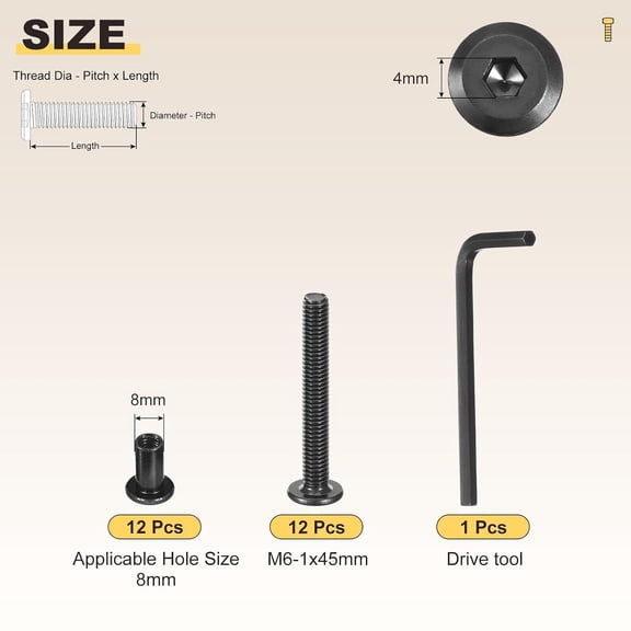 XZHANH-Furniture Crib Screws Replacement Set with Wrench(M6-1x45mm) 24Pcs, Galvanization Connector Bolts M6 Screw Barrel Nuts Binding Screws, for Chair Cabinet Bed, Black