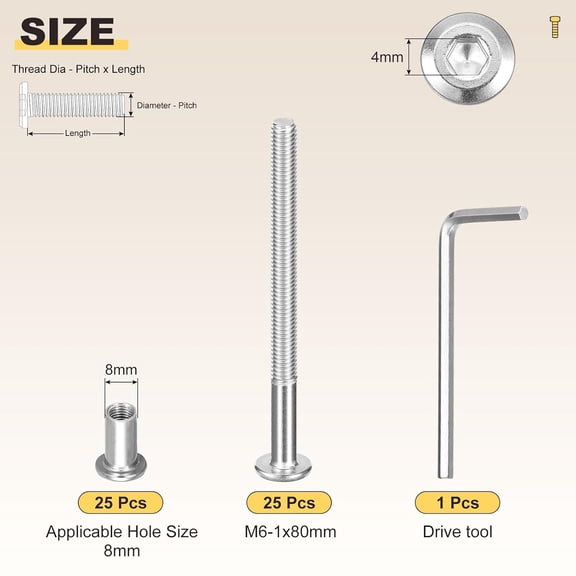 XZHANH-Furniture Crib Screws Replacement Set with Wrench(M6-1x80mm) 50Pcs, Connector Bolts M6 Screw Barrel Nuts Binding Screws, for Chair Cabinet Bed, Silver