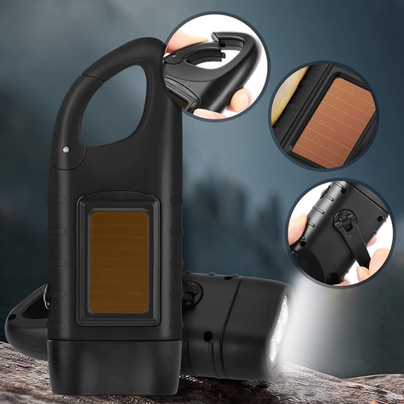 XZHANH-Hand Cranking Solar Powered Flashlight, Rechargeable Emergency LED Flashlight Carabiner Dynamo Quick Snap Clip Backpack Flashlight Torch for Outdoor Camping Climbing Hiking (Black)