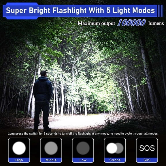 XZHANH-High Lumen Flashlight - 100000 Lumens, Rechargeable 5000mAh with LCD Display, Zoomable Long Beam (3000m), IP67 Waterproof, 5 Modes & Belt Clip - for Camping, Dog Walking
