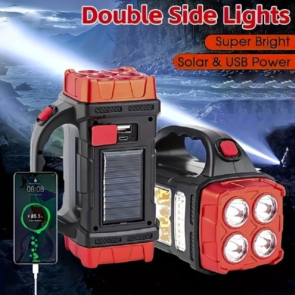 XZHANH-High Lumens Solar Flashlight - LED Work Light with USB-C Rechargeable, Waterproof, Multi-Function Flashlight & Lantern for Camping, Emergencies, and Outdoor(RED)