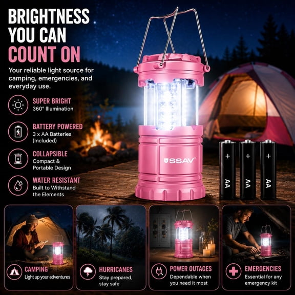 XZHANH-LED Camping Lantern, LED Lanterns, Suitable Survival Kits for Hurricane, Emergency Light for Storm, Outages, Outdoor Portable Lanterns, Collapsible - Batteries Included (2, Pink)