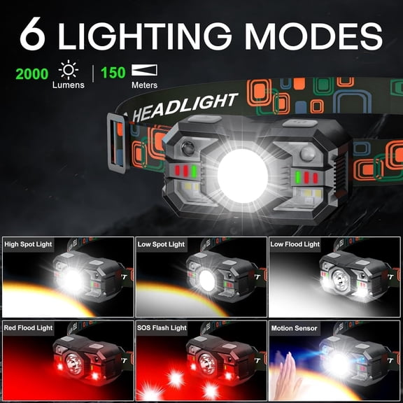 XZHANH-LED Head Lamp Rechargeable,1 Pack Super Bright 2000LM Headlamp, 5+1 Modes Headlamp,Waterproof Headlight with Red Light,20H Runtime Adjustable Head Lamp for Camping Fishing Hiking
