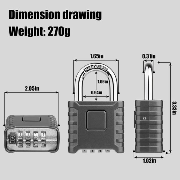 XZHANH-Large Combination Padlock [One-Touch Unlocking], Heavy Duty Weatherproof Padlock, [High Security] Design of Hidden Password Suitable for Home, School, Garage, Gate, Fences, Grey