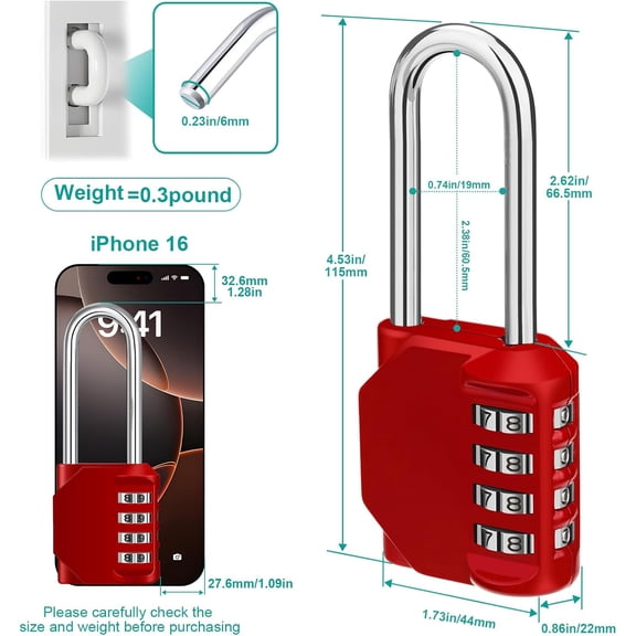 XZHANH-Long Shackle Combination Lock, 4.53" Overall Height, 2.62" Shackle Height, 4 Digit Number Lock for School, Gym & Employee Locker, Weatherproof Padlock Outdoor for Shed, Fence Backyard Gate (R