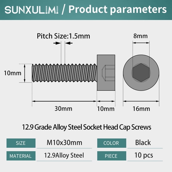 XZHANH-M10 x 30mm Socket Head Cap Screws Bolts 12.9 Grade Alloy Steel Metric Machine Hex Socket Screw, Black Oxide Finish, Fully Threaded, 10PCS