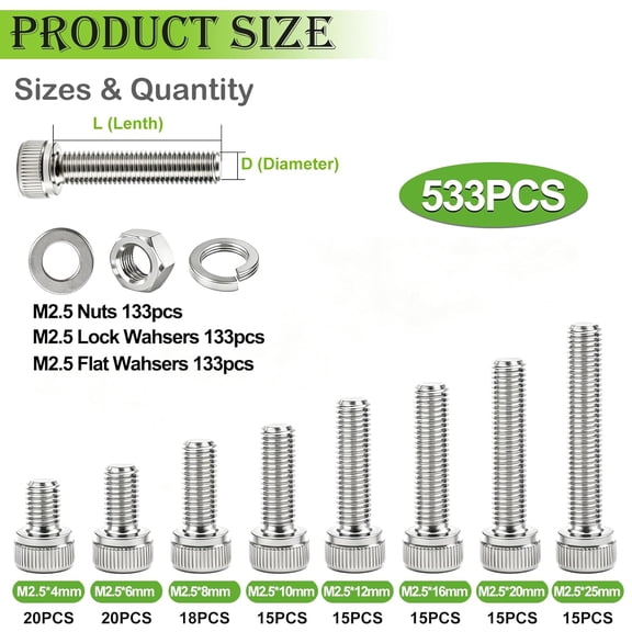 XZHANH-M2.5 Screws Assortment Set,M2.5 x 4/6/8/10/12/16/20/25mm Hex Socket Head Cap Screw Bolts Nuts Kit,304 Stainless Steel Assorted Screws with Hex Wrench (533PCS)