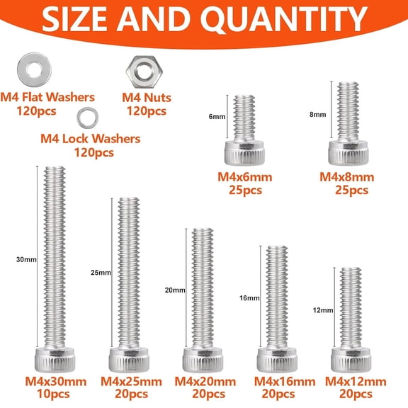 XZHANH-M4 Screws Assortment, 480pcs 7 Sizes M4 Screws for 3D Printer DIY, Hex Socket Head Cap Screw Bolts Nuts Washer Kit, 304 Stainless Steel, M4-0.7 x 6/8/12/16/20/25/30mm