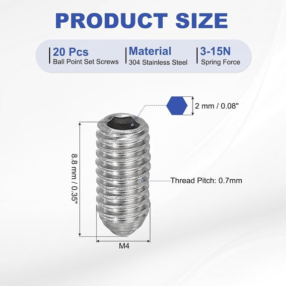 XZHANH-M4x8mm Ball Point Set Screws, 20 Pcs 304 Stainless Steel Hex Socket Spring Ball Point Grub Screws for Industrial Machine Home Furniture Workplaces, Silver