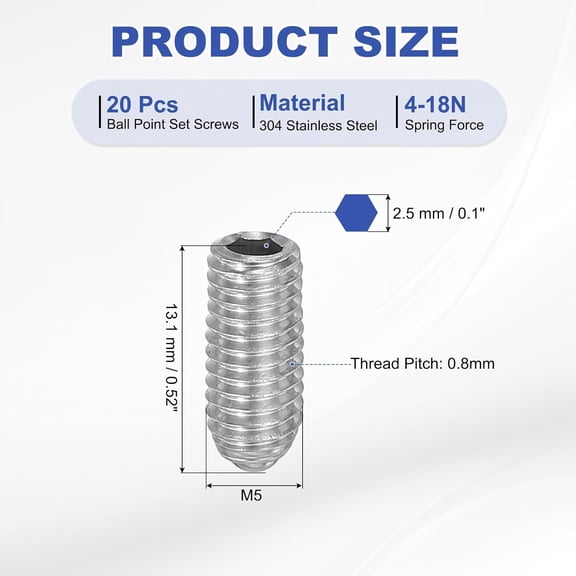 XZHANH-M5x12mm Ball Point Set Screws, 20 Pcs 304 Stainless Steel Hex Socket Spring Ball Point Grub Screws for Industrial Machine Home Furniture Workplaces, Silver