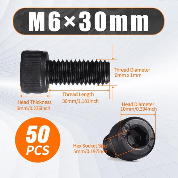 XZHANH-M6 x 30mm Hex Socket Cap Head Screws Bolts, 50pcs 12.9 Grade Alloy Steel Machine Screws Black Oxide Finish Full Thread Metric SHCS -DIN912