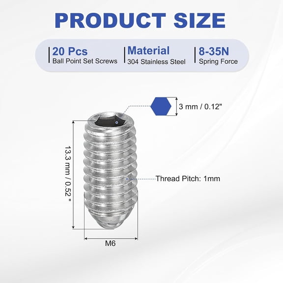 XZHANH-M6x12mm Ball Point Set Screws, 20 Pcs 304 Stainless Steel Hex Socket Spring Ball Point Grub Screws for Industrial Machine Home Furniture Workplaces, Silver