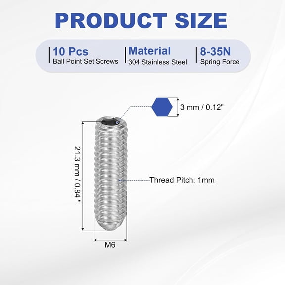 XZHANH-M6x20mm Ball Point Set Screws, 10 Pcs 304 Stainless Steel Hex Socket Spring Ball Point Grub Screws for Industrial Machine Home Furniture Workplaces, Silver