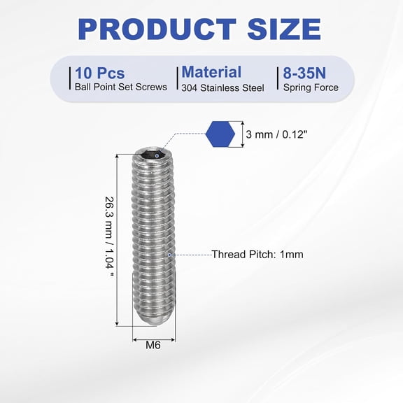 XZHANH-M6x25mm Ball Point Set Screws, 10 Pcs 304 Stainless Steel Hex Socket Spring Ball Point Grub Screws for Industrial Machine Home Furniture Workplaces, Silver