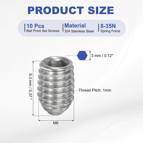 XZHANH-M6x8mm Ball Point Set Screws, 10 Pcs 304 Stainless Steel Hex Socket Spring Ball Point Grub Screws for Industrial Machine Home Furniture Workplaces, Silver