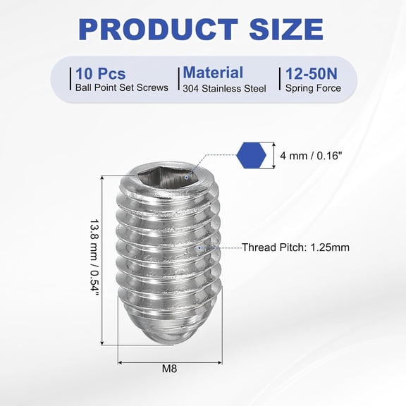 XZHANH-M8x12mm Ball Point Set Screws, 10 Pcs 304 Stainless Steel Hex Socket Spring Ball Point Grub Screws for Industrial Machine Home Furniture Workplaces, Silver