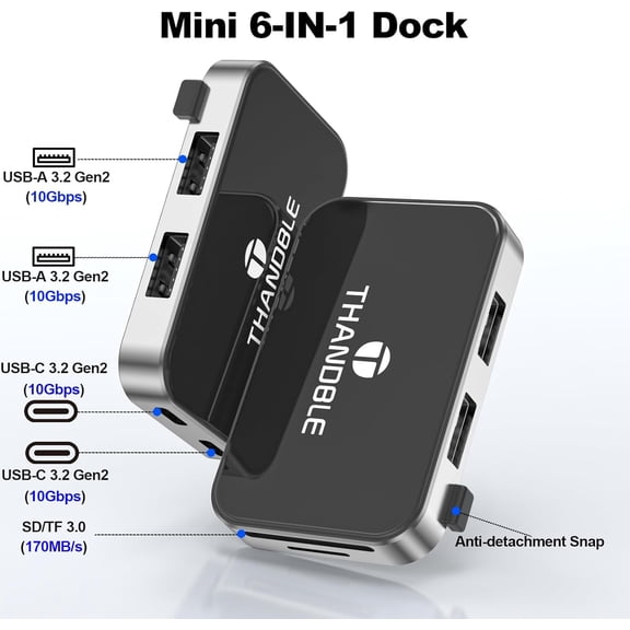 XZHANH-Mac mini M4 Dock & Hub, 6 in 1 Mac mini Hub with 2*USB-A 2*USB-C 10Gbps 3.2 Gen2 Port, SD/TF 170M/s Card Reader, High-Speed Data Transfer Support for Office, Design, Creation, Hanging Stand
