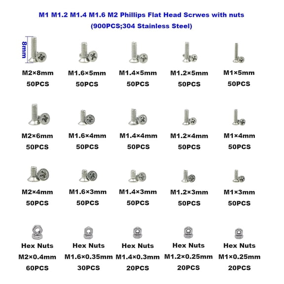 XZHANH-Metric 900PCS Metric M1 M1.2 M1.4 M1.6 M2 Phillips Countersunk/Flat Head Stainless Steel Tiny Machine Screws Nuts Assortment Kit