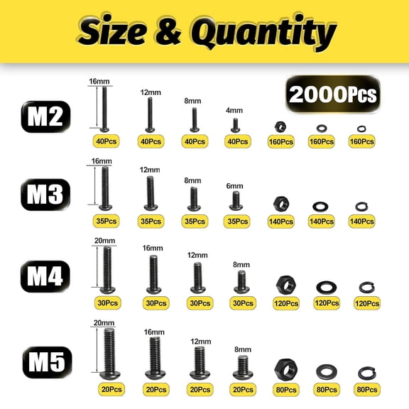 XZHANH-Metric Screw Assortment, 2000PCS Metric Bolt Assortment Kit M2 M3 M4 M5 Machine Screws with Lock & Flat Washers, Grade 10.9 Alloy Steel Hex Socket Button Head Black Screws Nuts and Bolts Kit
