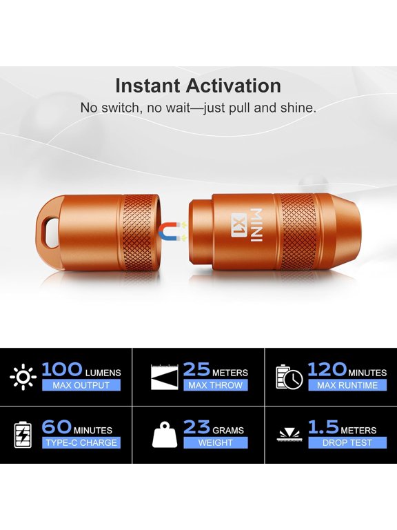 -Mini Keychain Flashlight Instant On Pull to Light, 100 Lumens Tiny EDC Flash Light, USB-C Rechargeable Micro LED Torch, Waterproof IPX6, for Everyday Carry, Emergency & Outdoor Use (Orange)