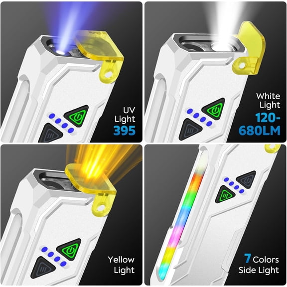 XZHANH-Multi-Feature EDC Flashlight Rechargeable with 7-Colors Side Light Magntic Bace Yellow Light Diffuser and UV Light for Travel Work Camp Dog Walk