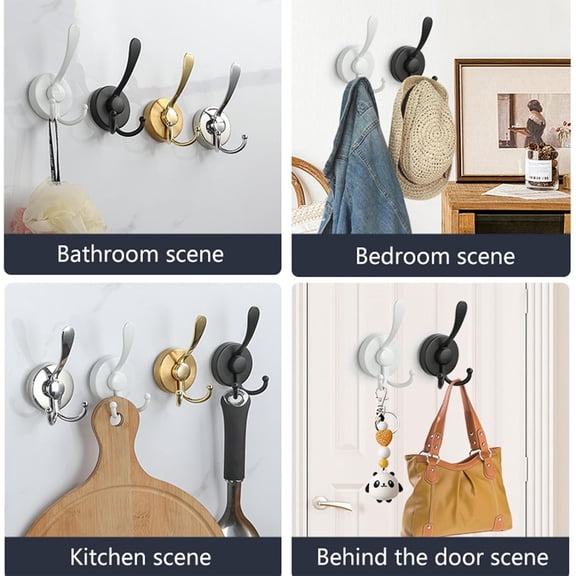 XZHANH-No-Drill Suction Cup Duck Tongue Twin Hooks,Stainless Steel Waterproof Hooks for Bathroom,Shower,Kitchen,and MirrorsHeavy Duty Towel Holders(2 Pcs, Matte Black)