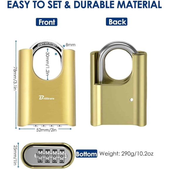XZHANH-Outdoor Combination Lock, 4 Digit Heavy Duty Padlock Metal, Weatherproof Alloy Locks with Hardened Steel Shackle, High Security Large Padlocks for Sheds Fence, Gate Hasps, Storage Unit-Golden