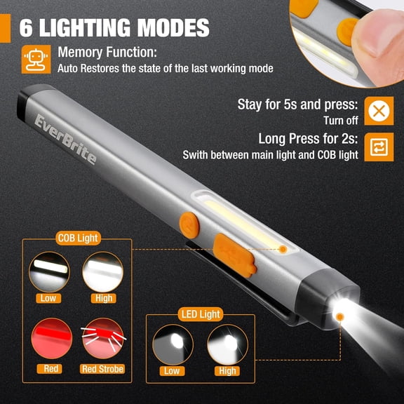 XZHANH-Pen Flashlight, Rechargeable LED Pen Light, COB Light with White and Red Modes, Memory Function, USB C Cable, 6 Modes Pocket Penlight with Clip and Magnet, Waterproof, for Camping, Emergency