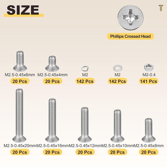 XZHANH-Phillips Countersunk Machine Bolt Nut Assortment Set(M2.5-0.45) 565Pcs, Stainless Steel Flat Head Hardware Screw Kit with Flat and Spring Washers - for Indoor Metal Fasten, Silver