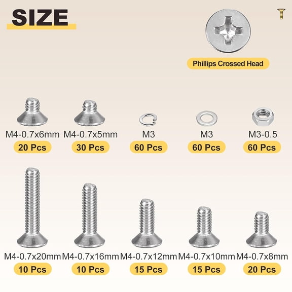 XZHANH-Phillips Countersunk Machine Bolt Nut Assortment Set(M4-0.7) 300Pcs, Stainless Steel Flat Head Hardware Screw Kit with Flat Washers Spring Washers - for Indoor Metal Fasten, Silver