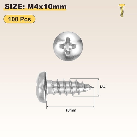 XZHANH-Phillips Pan Head Self Tapping Screws(M4x10) 100Pcs, 304 Stainless Steel Self Drilling Screw for Metal Wood Plastic, for Cabinet Wall Shutter Plate Rock Furniture, Silver Tone