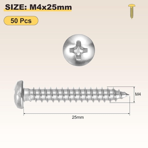 XZHANH-Phillips Pan Head Self Tapping Screws(M4x25) 50Pcs, 304 Stainless Steel Self Drilling Screw for Metal Wood Plastic, for Cabinet Wall Shutter Plate Rock Furniture, Silver Tone