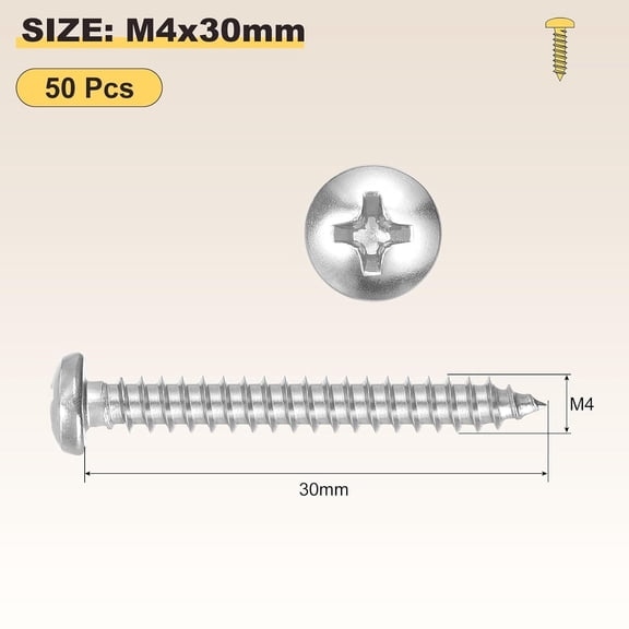 XZHANH-Phillips Pan Head Self Tapping Screws(M4x30) 50Pcs, 304 Stainless Steel Self Drilling Screw for Metal Wood Plastic, for Cabinet Wall Shutter Plate Rock Furniture, Silver Tone